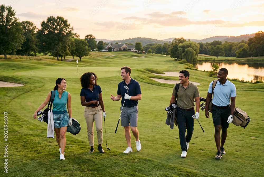 Obraz premium Group of happy diverse friends walking together on a green golf course, smiling and talking during a game