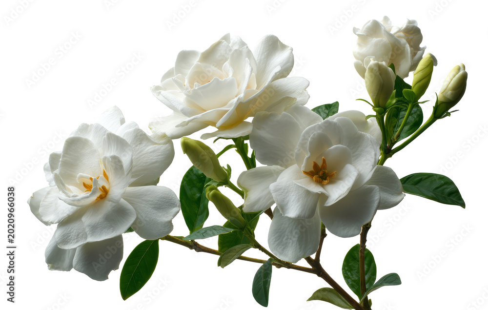 Naklejka premium White Gardenia Flowers on a Branch with Buds