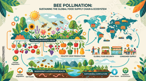 Bee pollination cycle illustrates the vital connection between healthy ecosystems, global food production, and sustainable agricultural practices for the entire planet.