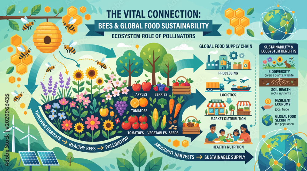 Naklejka premium Pollinators and global food systems are visualized in this complex flow chart demonstrating the vital connection between healthy ecosystems and sustainable human nutrition.