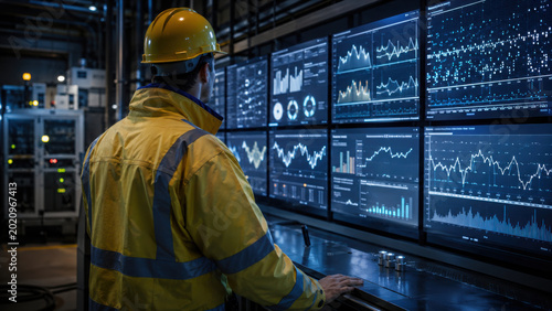 New engineer monitoring control room data screens, analyzing carbon capture technology in industrial setting