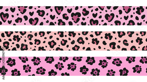 Pink glamour animalistic print border set. Horizontal seamless patterns with jaguar and leopard spots with heart shapes. Trendy feminine animal print for fashion and decoration.