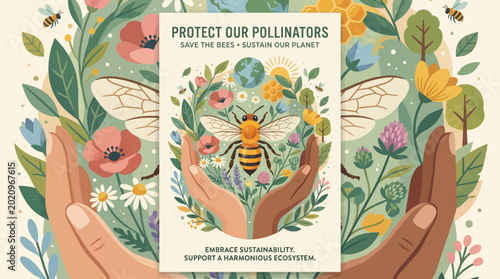 Pollinator support concept illustration displays a central honey bee surrounded by blooming flowers held gently between human hands to symbolize ecological responsibility.