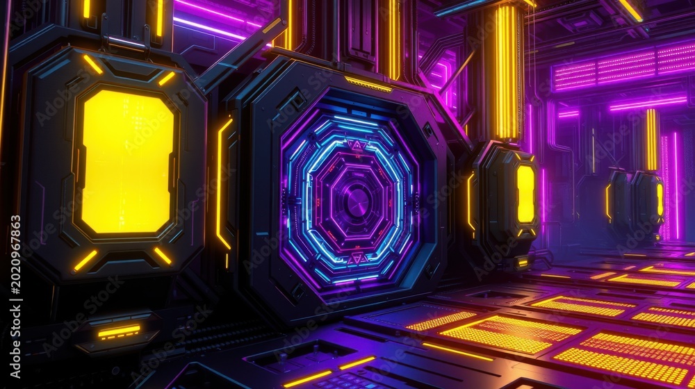 Fototapeta premium Futuristic corridor. Neon lights illuminate dark metallic walls, creating vibrant, geometric patterns. Perspective emphasizes depth, technology.
