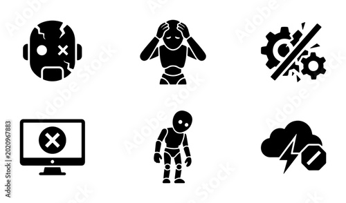 Bild auf Leinwand Robot Failure Icons, Glitch and Error Symbols, Technology Breakdown Set, Digital