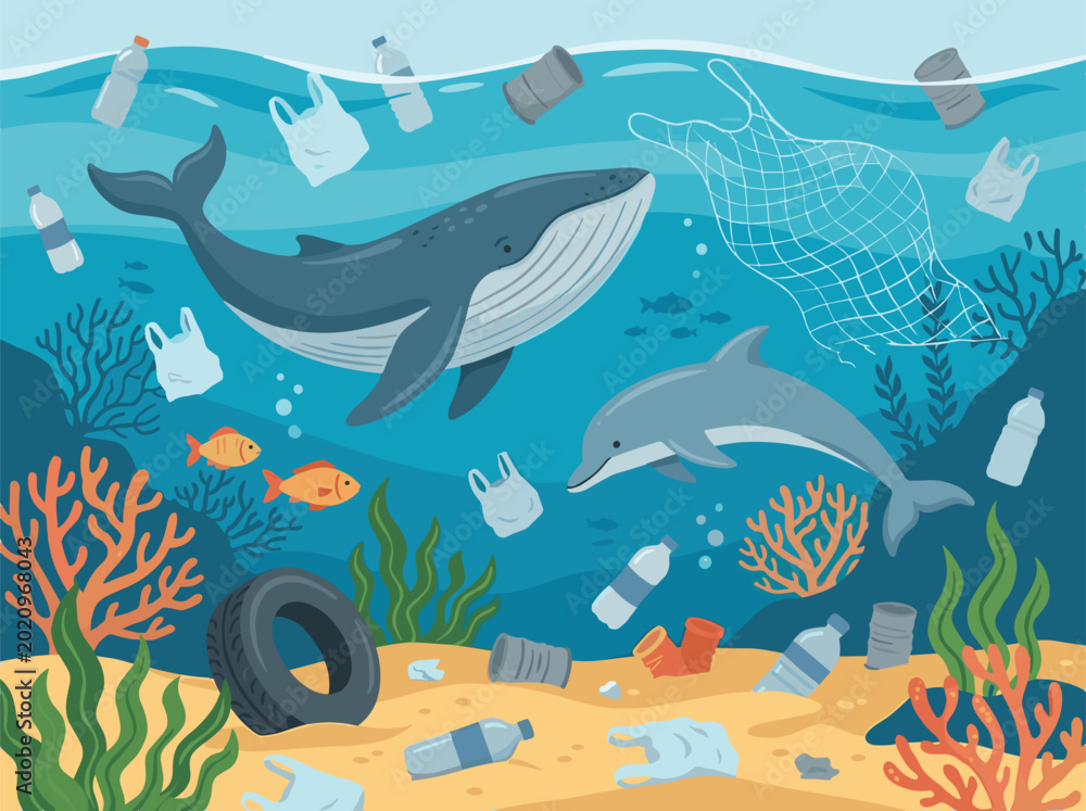 Naklejka premium Ocean Plastic Pollution Flat Vector Illustration with Whale and Dolphin for Environmental Awareness Web Graphics