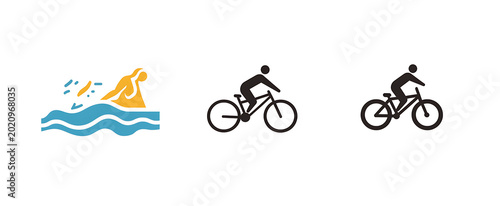 水泳選手と自転車に乗る人物を表現した、黄色と青色のカラーアクセントが特徴的なシンプルで視認性の高いスポーツアイコンのセット、フィットネスやアクティビティをテーマにした素材 sports swimming