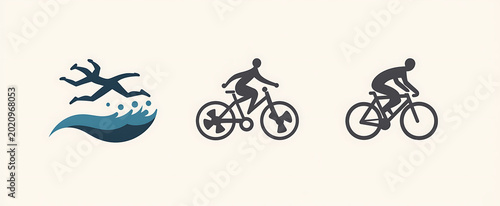 水泳をする人、自転車に乗る人、ロードバイクに乗る人をモチーフにした、シンプルでフラットなデザインのスポーツアイコンセット、運動やフィットネスをテーマにしたグラフィック素材 sports swimming