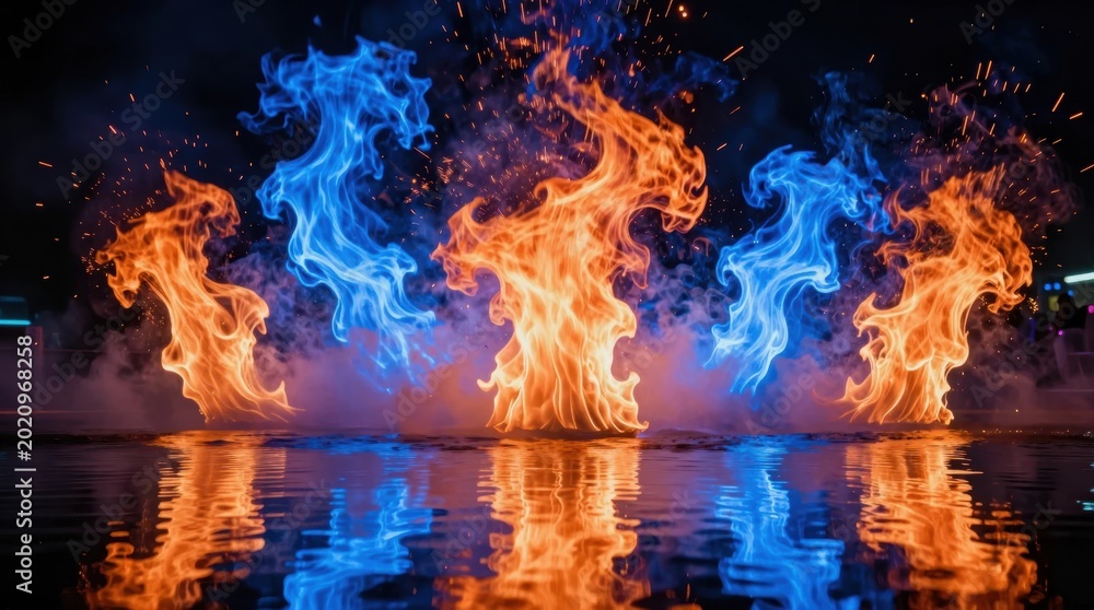 Fototapeta premium Colorful flames dance on water surface during night event at local festival in city park