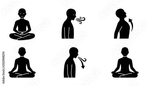 Photos Meditation and Breathing Exercises Icons Set, Yoga Poses, Mindfulness Silhouette