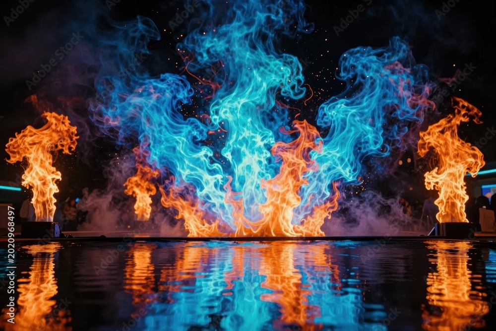 Fototapeta premium Colorful flames dance at night near water in a festive display for entertainment