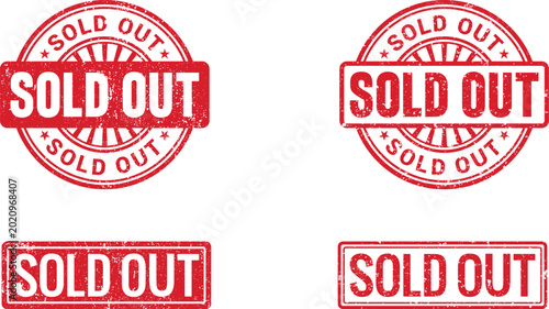 Fotografie Sold Out Red Grunge Rubber Stamp Set Circle and Rectangle Badge Vector Design