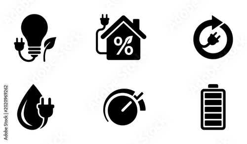Eco-friendly Energy Icons Set, Green Power Solutions, Sustainable Living Symbols, Renewable Resources, Efficiency Meter, Battery Charge