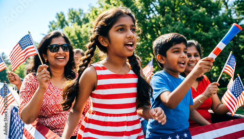 Indian American family celebrating 4th of July at community parade. Happy South Asian family waving American flags at Independence Day parade. Multicultural American citizens celebrating Memorial Day 