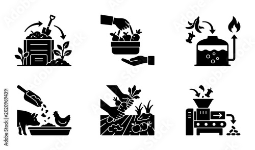 Foto Sustainable Agriculture and Food Waste Management Icons, Organic Farming and Rec