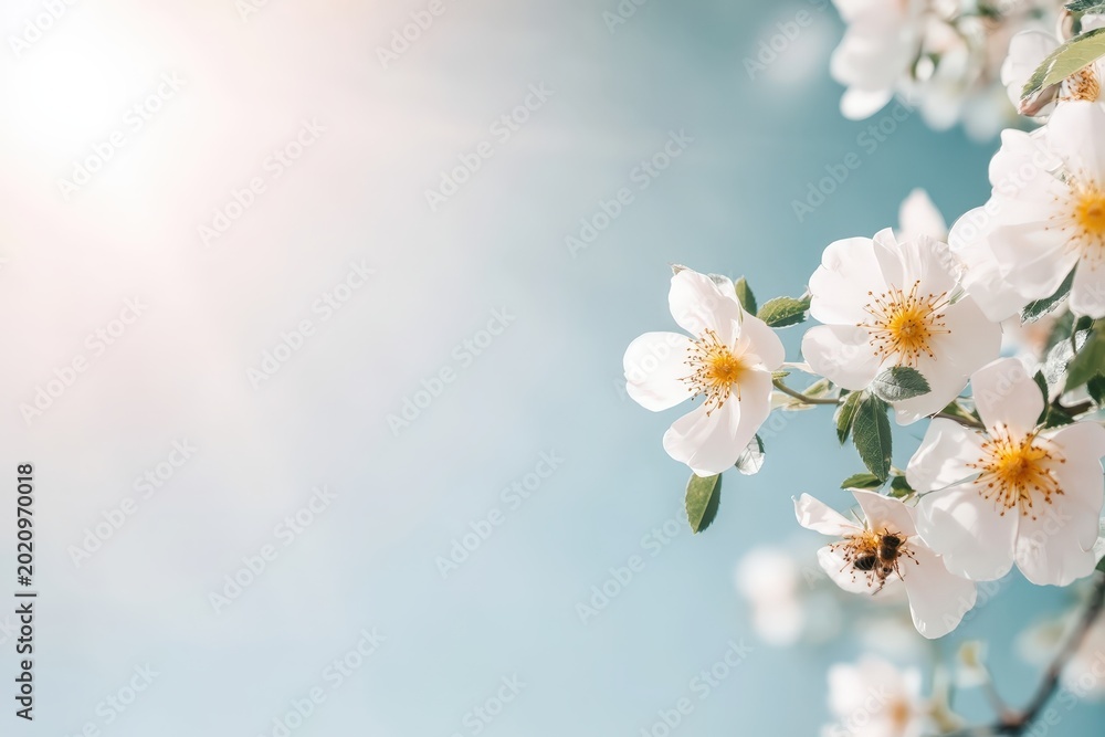 Fototapeta premium White blossoms with yellow centers bloom on a branch under soft sunlight against a clear blue sky, accompanied by a small bee collecting nectar.