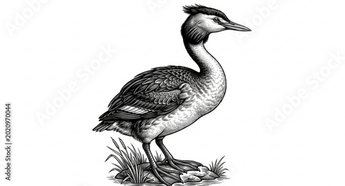 Tableau sur toile Premium full body grebe bird black and white vector illustration isolated on whi