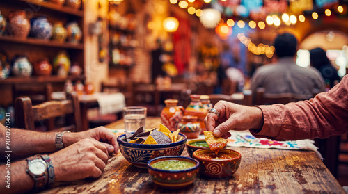 Принти на полотні Friends sharing tortilla chips, salsa, and guacamole at a vibrant Mexican restaurant table with festive decorations