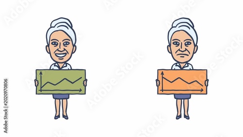Old business woman holding positive and negative business chart. Transparent background