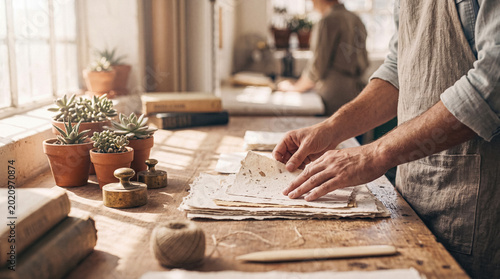 фотографія Craftsperson's hands meticulously arranging handmade paper sheets on a rustic wooden workbench, bathed in sunlight