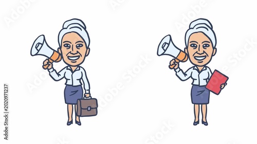 Old business woman holding megaphone briefcase and folder. Transparent background