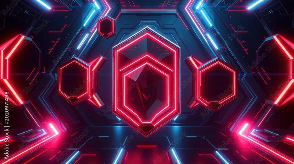 Fototapeta premium Futuristic tunnel, glowing neon hexagons, vibrant blue, pink illumination. Dramatic perspective creates immersive digital space.