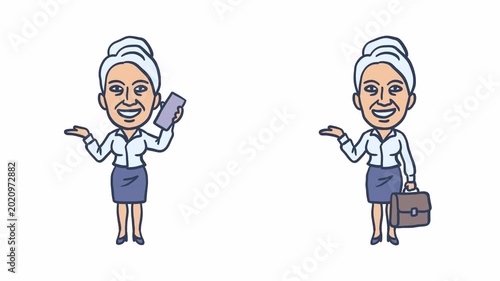 Old business woman points with his hand holding smartphone and briefcase. Transparent background