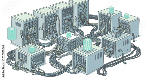Networked computer servers connected by cables in a data center, illustrating technology and information systems.
