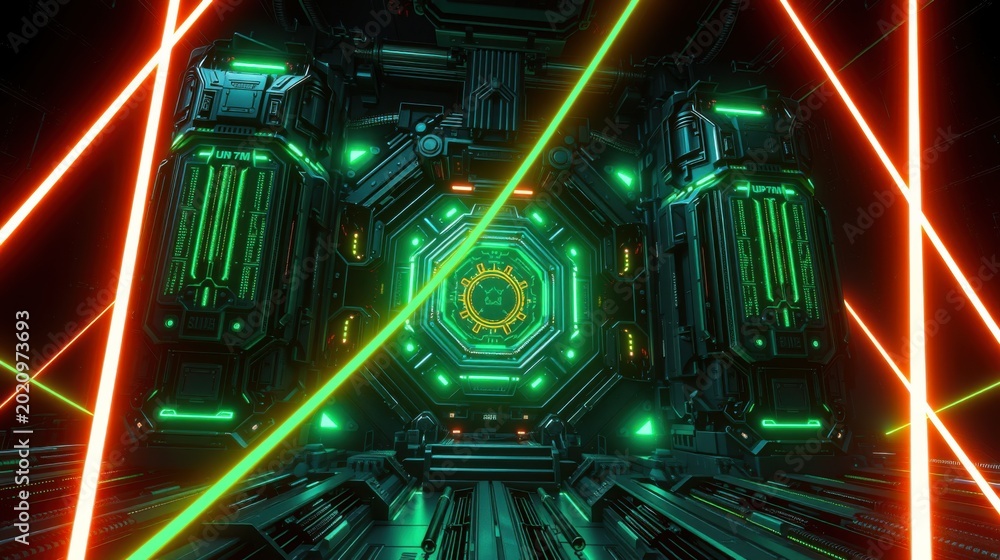 Fototapeta premium Futuristic tunnel. Green glowing panels, red beams create dynamic perspective. Dark background emphasizes vibrant colors, complex geometry.