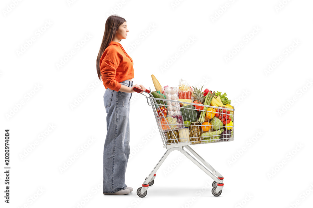 Αυτοκόλλητο Teenage girl with food in a shopping cart