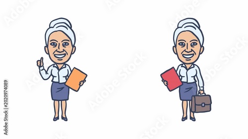 Old business woman shows thumbs up holding briefcase and folder. Transparent background