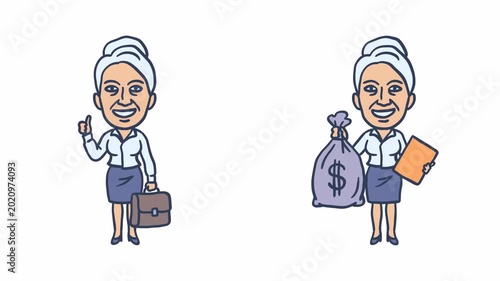 Old business woman shows thumbs up holding briefcase bag of money and folder. Transparent background