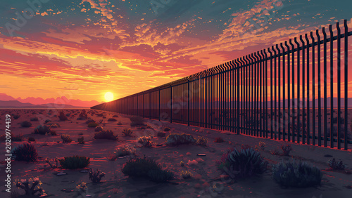 Fence stretches across desert landscape at sunset