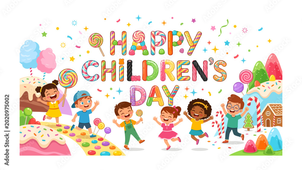 Αυτοκόλλητο Celebration of Joyful Day: A colorful illustration celebrates Children's Day with happy children, sweets, and festive decorations