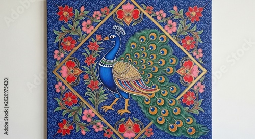Vibrant Peacock Art with Floral Border and Geometric Design.