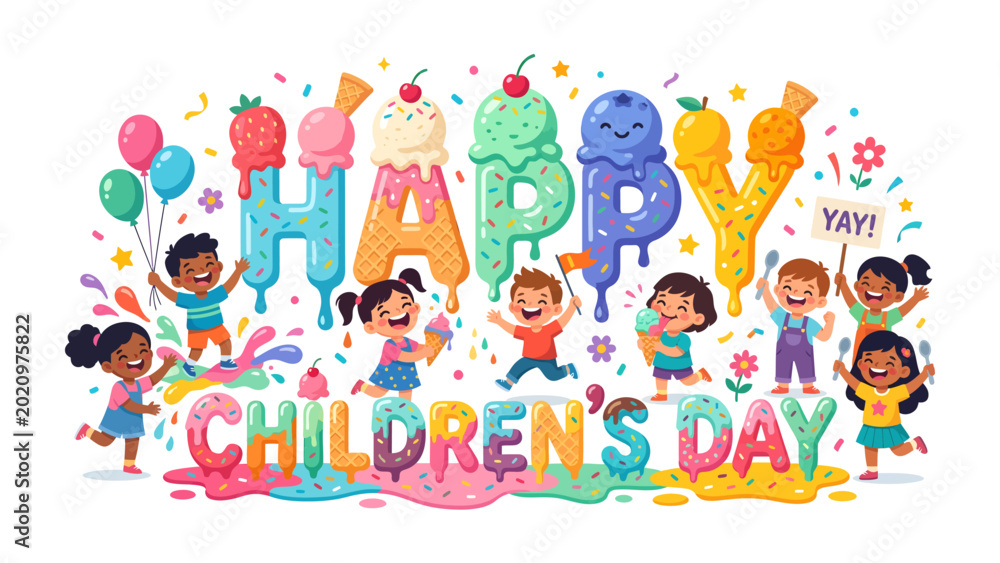Fototapeta premium Joyful Children's Day Celebration: A vibrant, colorful illustration captures the exuberance of Children's Day, featuring cheerful children surrounded by delightful ice cream and celebratory elements.