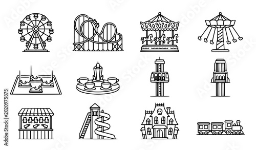 Tableau sur toile Minimal Amusement Park Ride Line Art Vector Collection with Carnival Attraction
