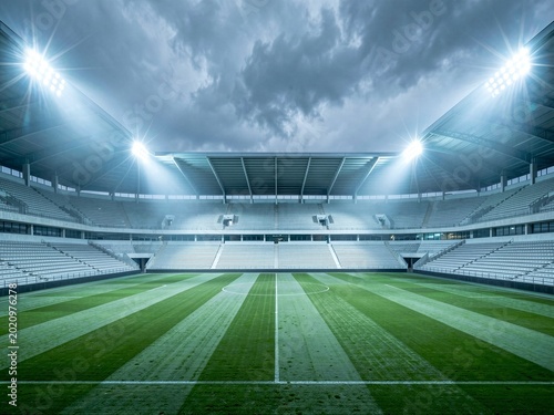 Modern Stadium Football Field Under Overcast Sky
