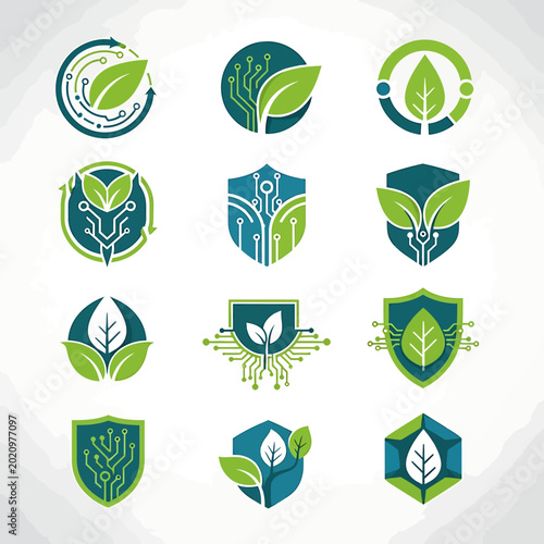 Set of modern technology and nature integration logos featuring green leaves and digital circuit board patterns.