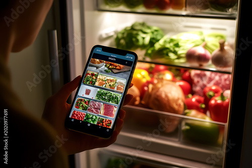 冷蔵庫の中の新鮮な食材をスマートフォンアプリで管理する様子、健康的な食生活のために在庫を確認しレシピを検索するデジタルテクノロジーの活用シーン refrigerator fridge smartphone