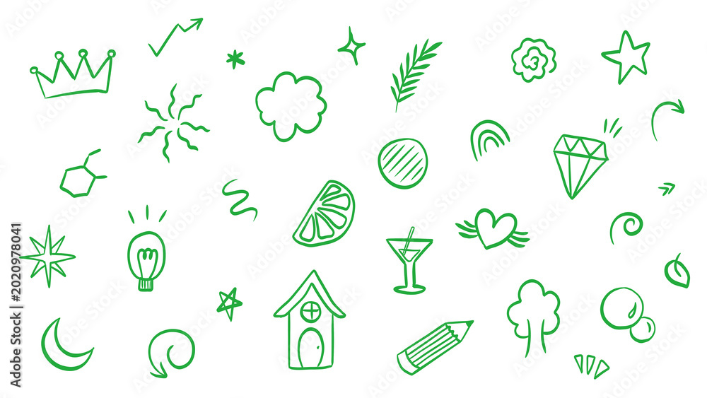 Fototapeta premium Transparent background: Green doodles set, hand-drawn abstract symbols, crown, stars, lightbulb, heart, diamond, fruit, house, pencil, decorative elements isolated.