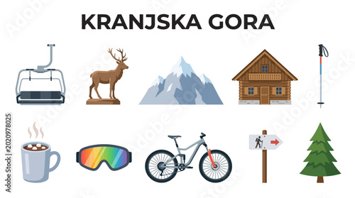 Tableau sur toile Kranjska Gora Mountain Resort Icons Set.
