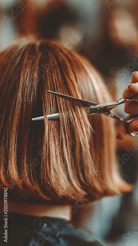 A close-up of scissors cutting red hair — a professional background for beauty salons, hairdressing lessons or adverts for hair care products, with no unnecessary elements.