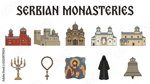 Bild auf Leinwand Collection of Serbian Monasteries and Religious Symbols.