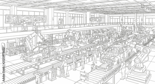 Automated car manufacturing plant with robotic arms assembling vehicles on a production line.