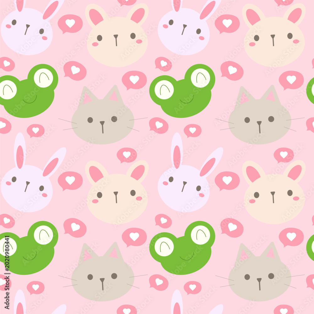 Fototapeta premium Seamless pattern featuring faces of rabbits cats and frogs with small hearts and speech bubbles on a soft pink background for pet care and nursery textile themes