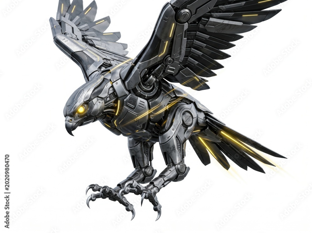 Fototapeta premium Mechanical eagle robot with glowing eyes and wings spread isolated on white background