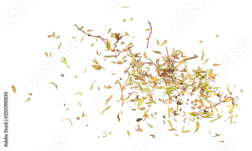 dried chopped thyme leaves, isolated on white background, top view
