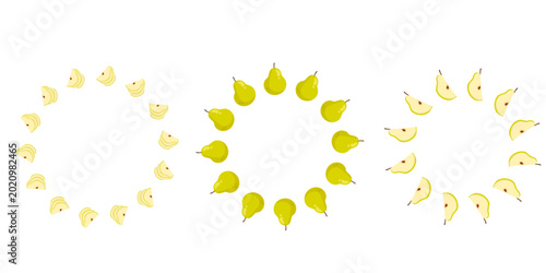 Fotografi Circular frame border composed of green pears with sliced fruit pieces on the si