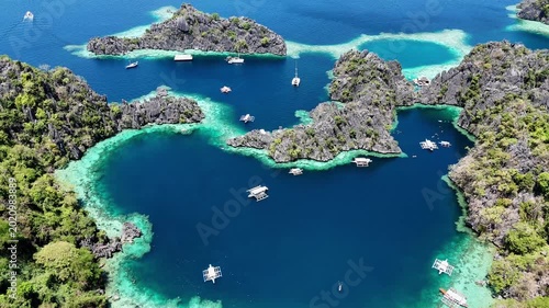 The paradise islands of Coron in the Philippines, a drone flight over the islands and the sea